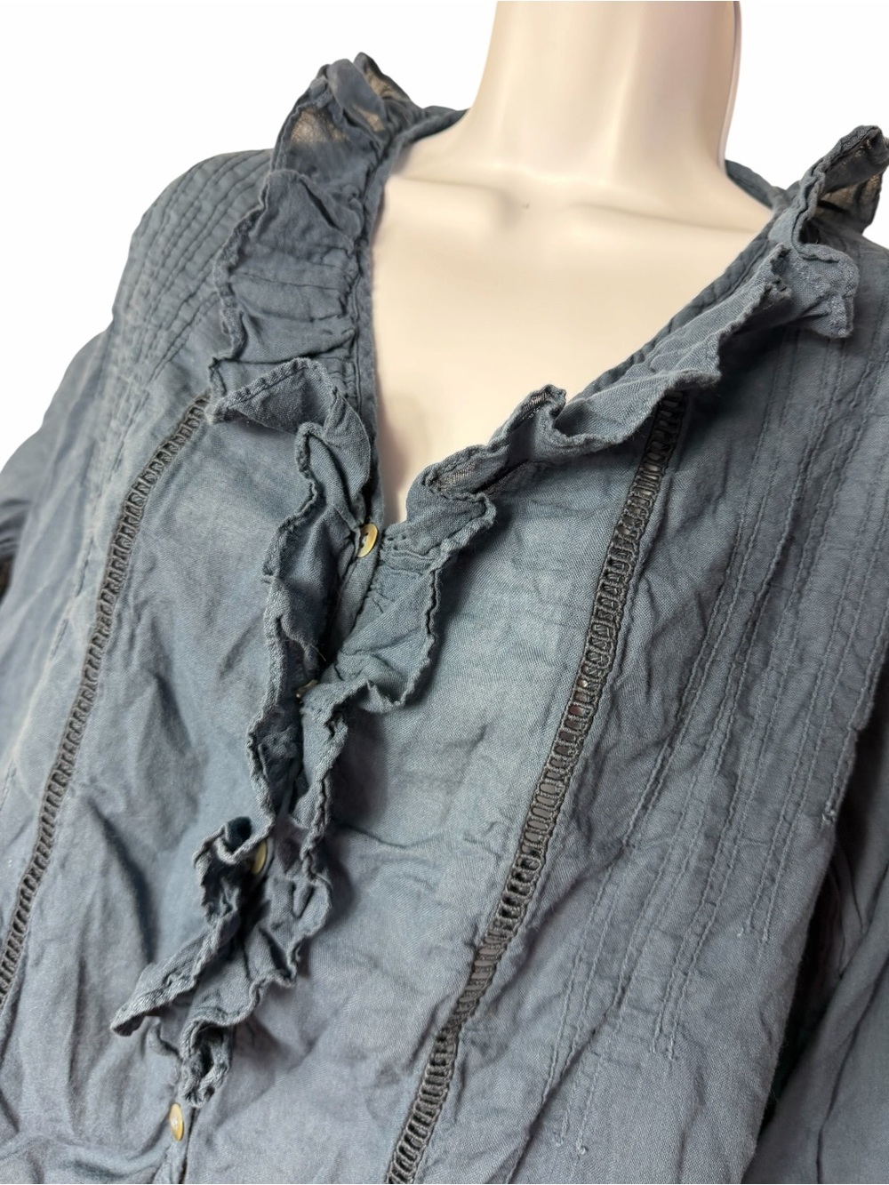 Washed Navy Ruffle-Trim Button Front Women's Top - Picture 3 of 9